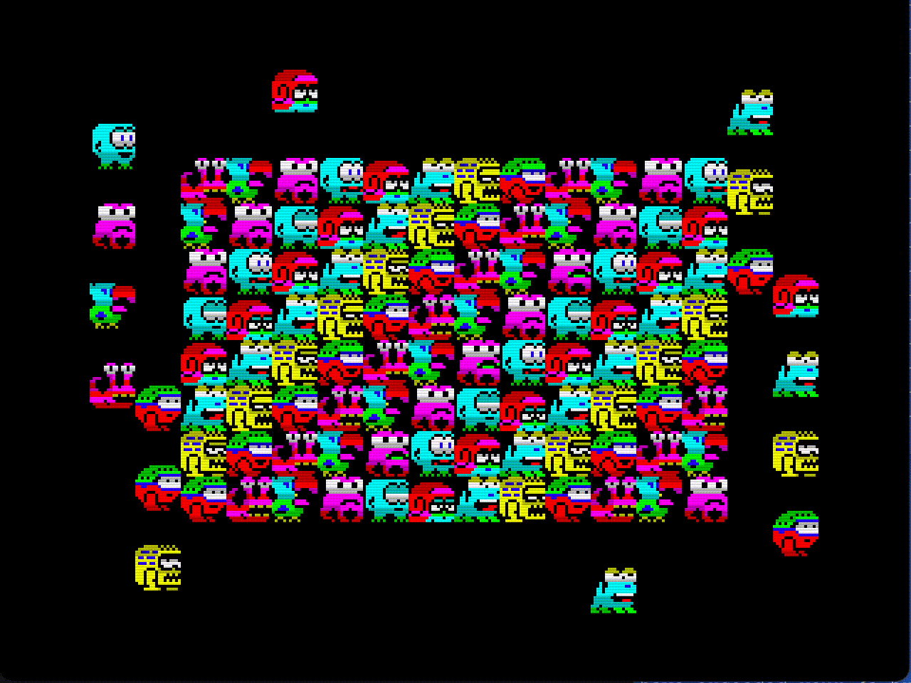Sprites from the BIFROST demo displayed on the TS2068 in extended color mode