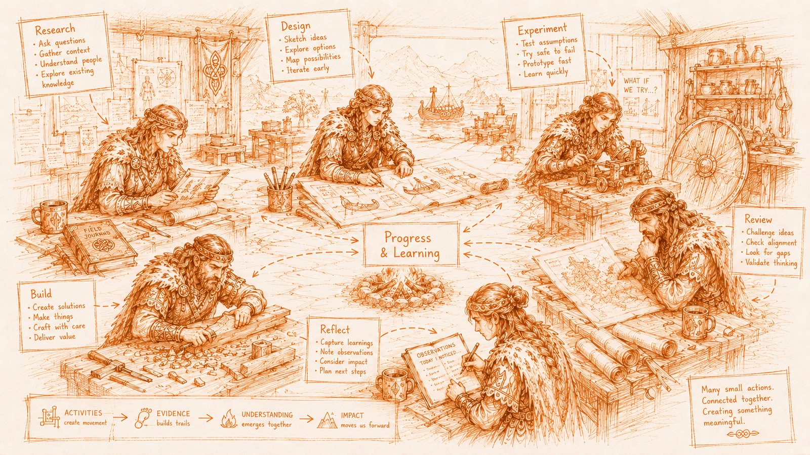 Hand-sketched illustration of explorers in a workshop: research, design, experiment, build, reflect, and review connected around progress and learning