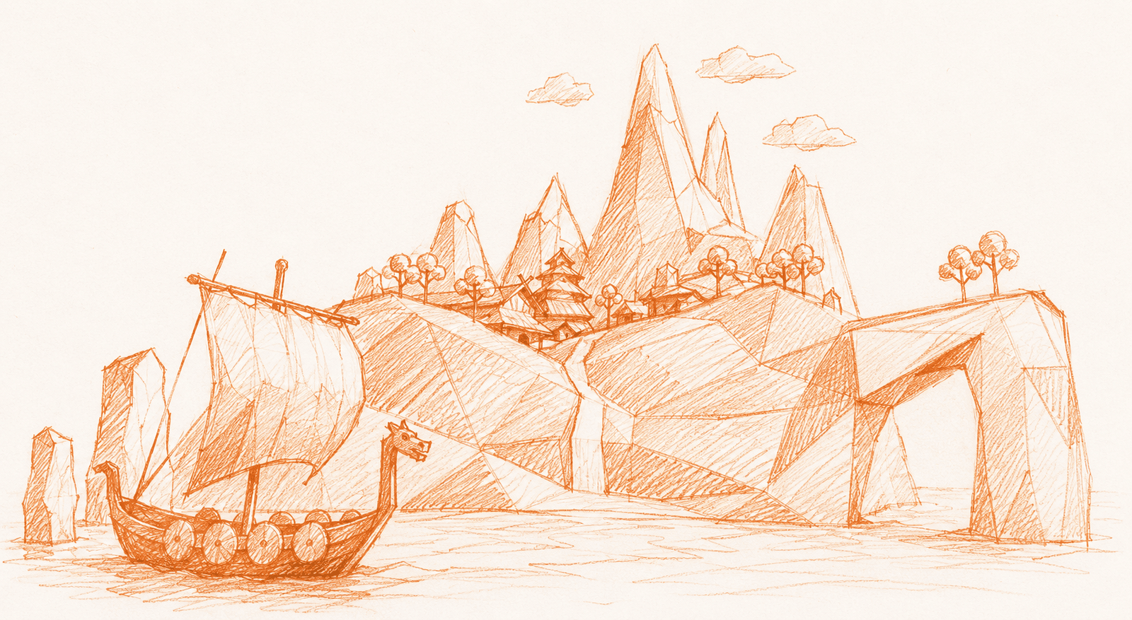 Hand-sketched illustration of a longship approaching an island with mountains, a village, and a natural arch