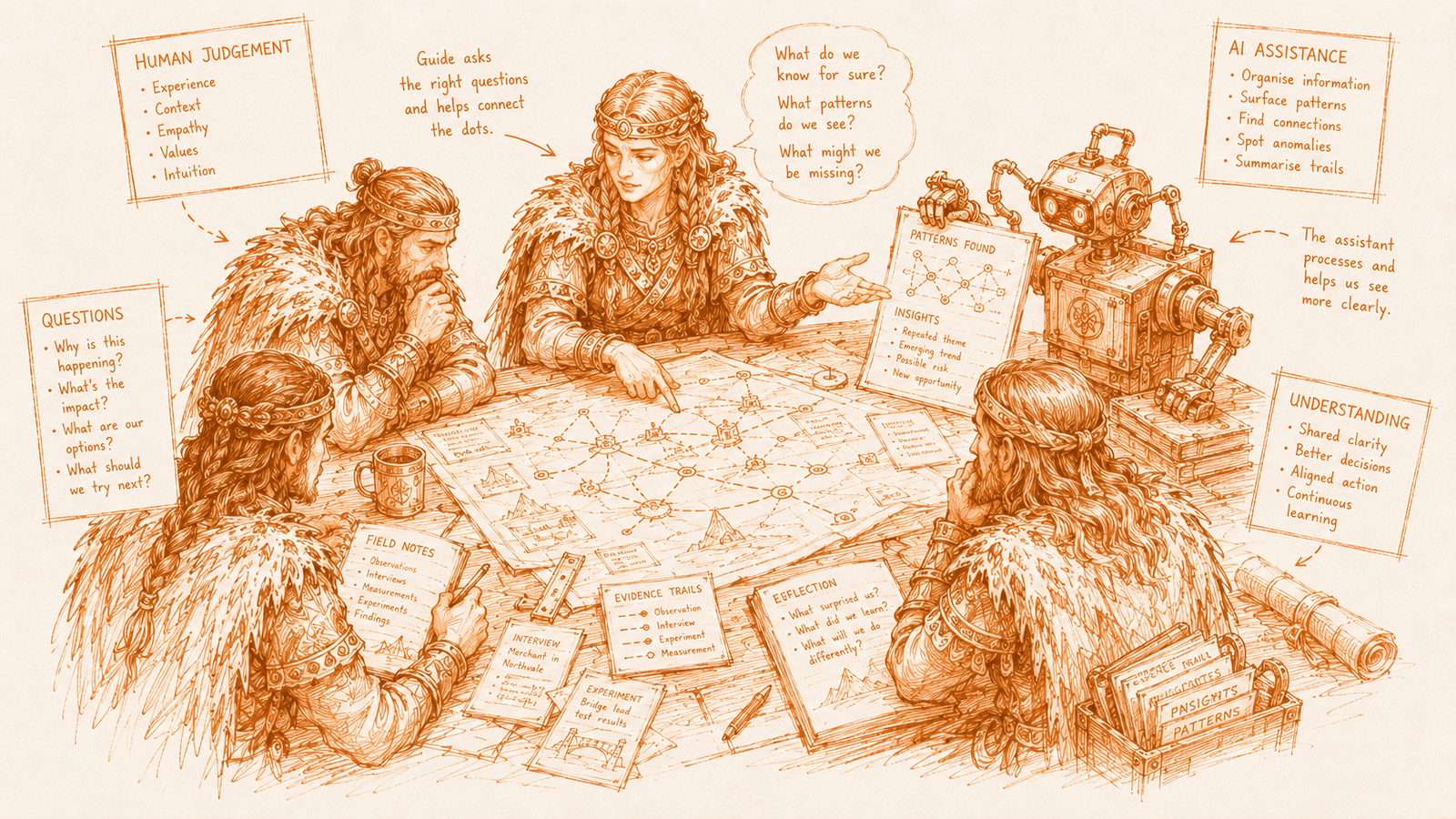 Hand-sketched illustration of guides around a map table with an AI assistant: human judgement, questions, and understanding connected through evidence trails