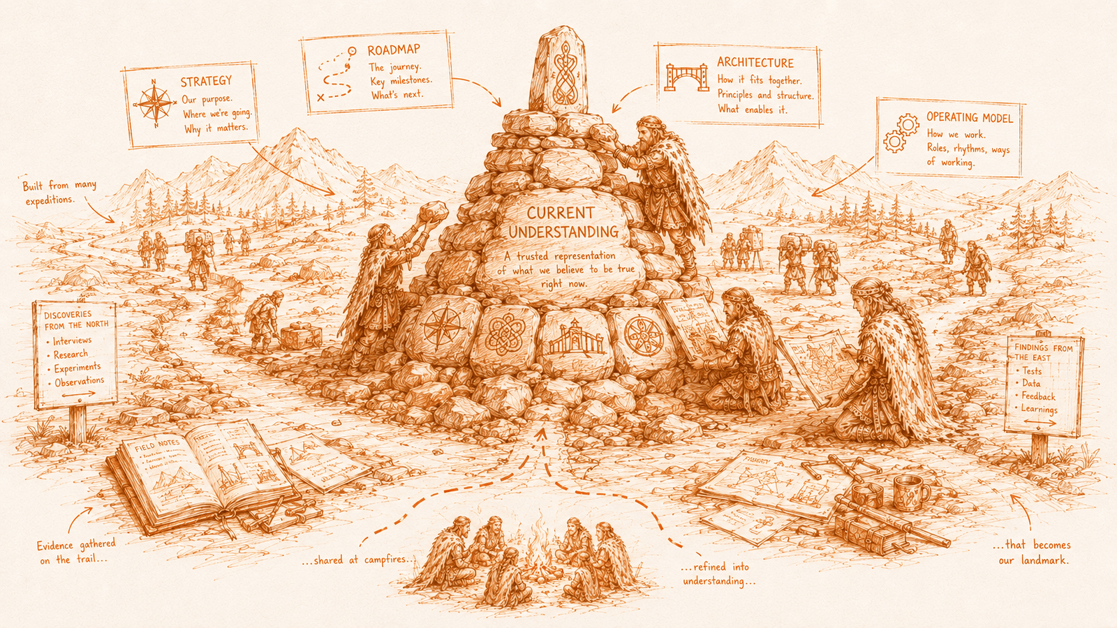 Hand-sketched illustration of a stone cairn landmark: strategy, roadmap, architecture, and operating model built from trails, campfires, and current understanding