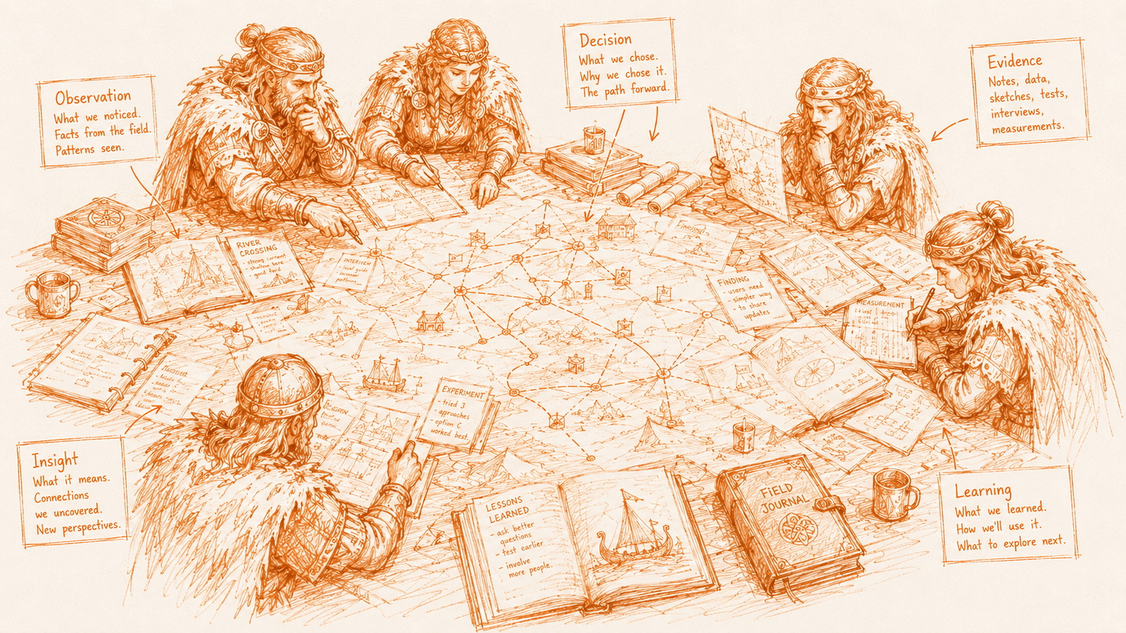 Hand-sketched illustration of explorers around a map table: observation, insight, decision, evidence, and learning marked as trails left behind