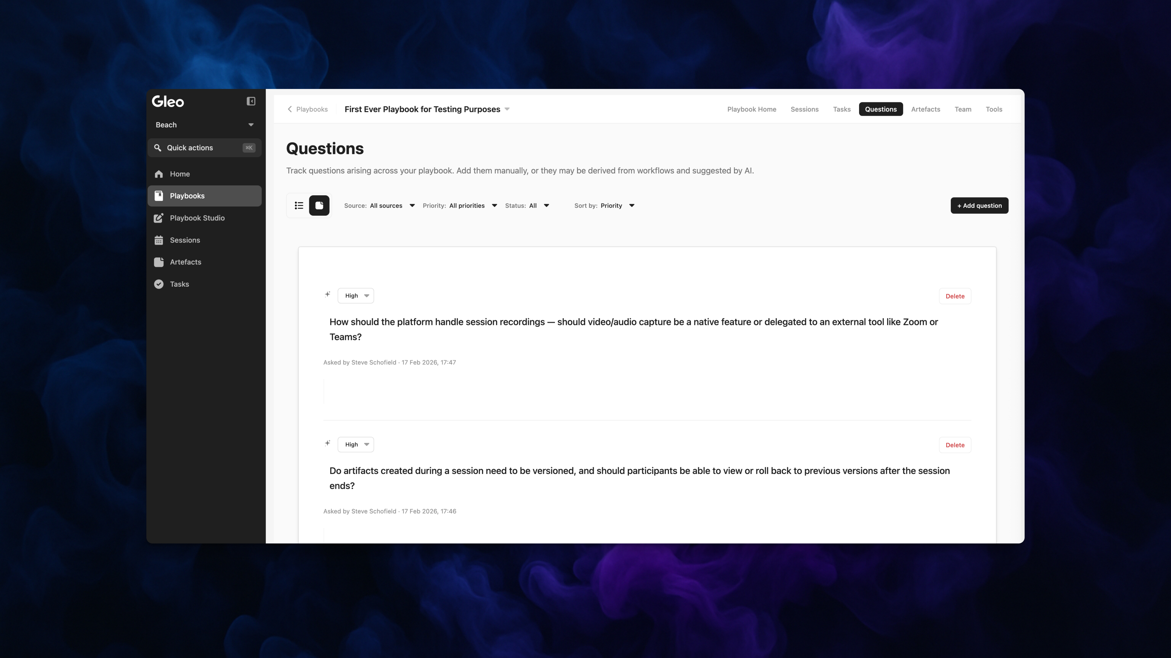 Gleo playbook questions tracker