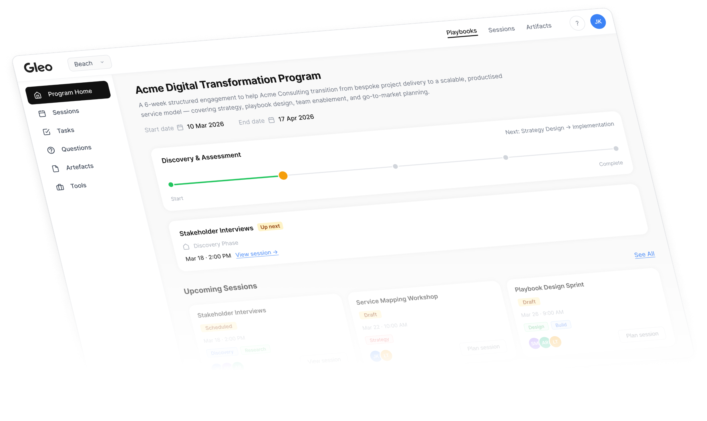 Gleo playbook overview interface showing active programme, sessions, tasks and progress