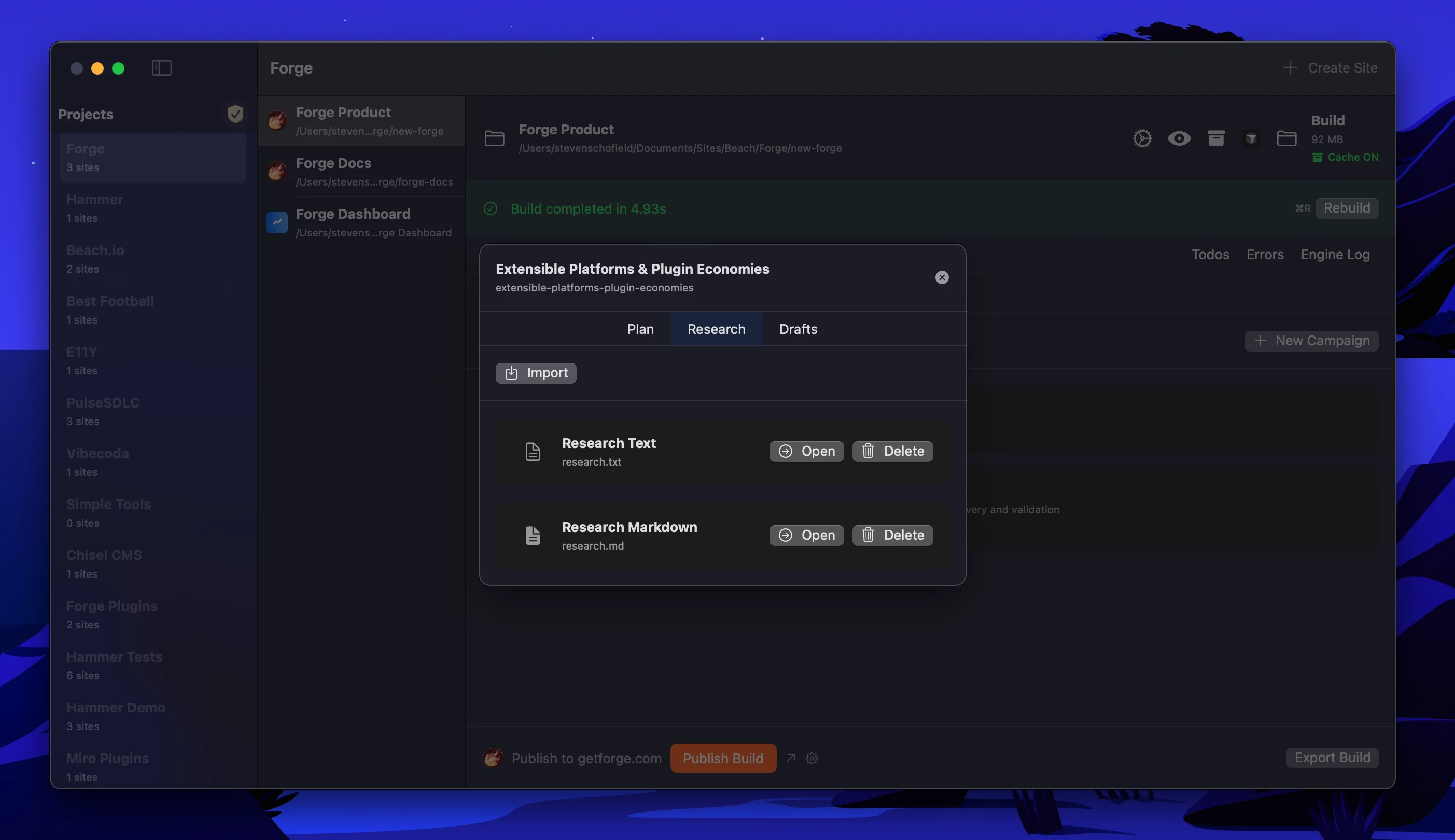 Research Management interface showing research materials