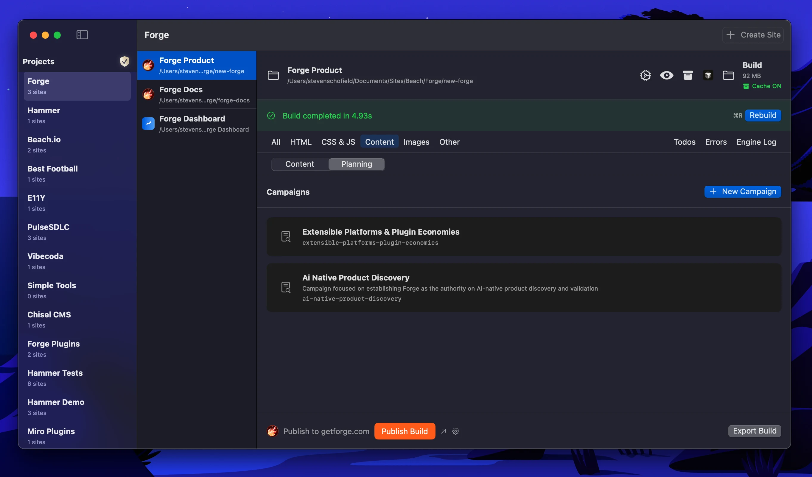 Content Planning System interface showing campaigns list