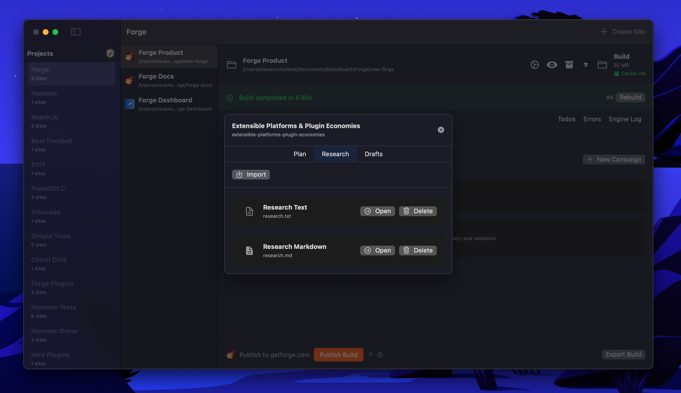 Research Management interface showing research materials