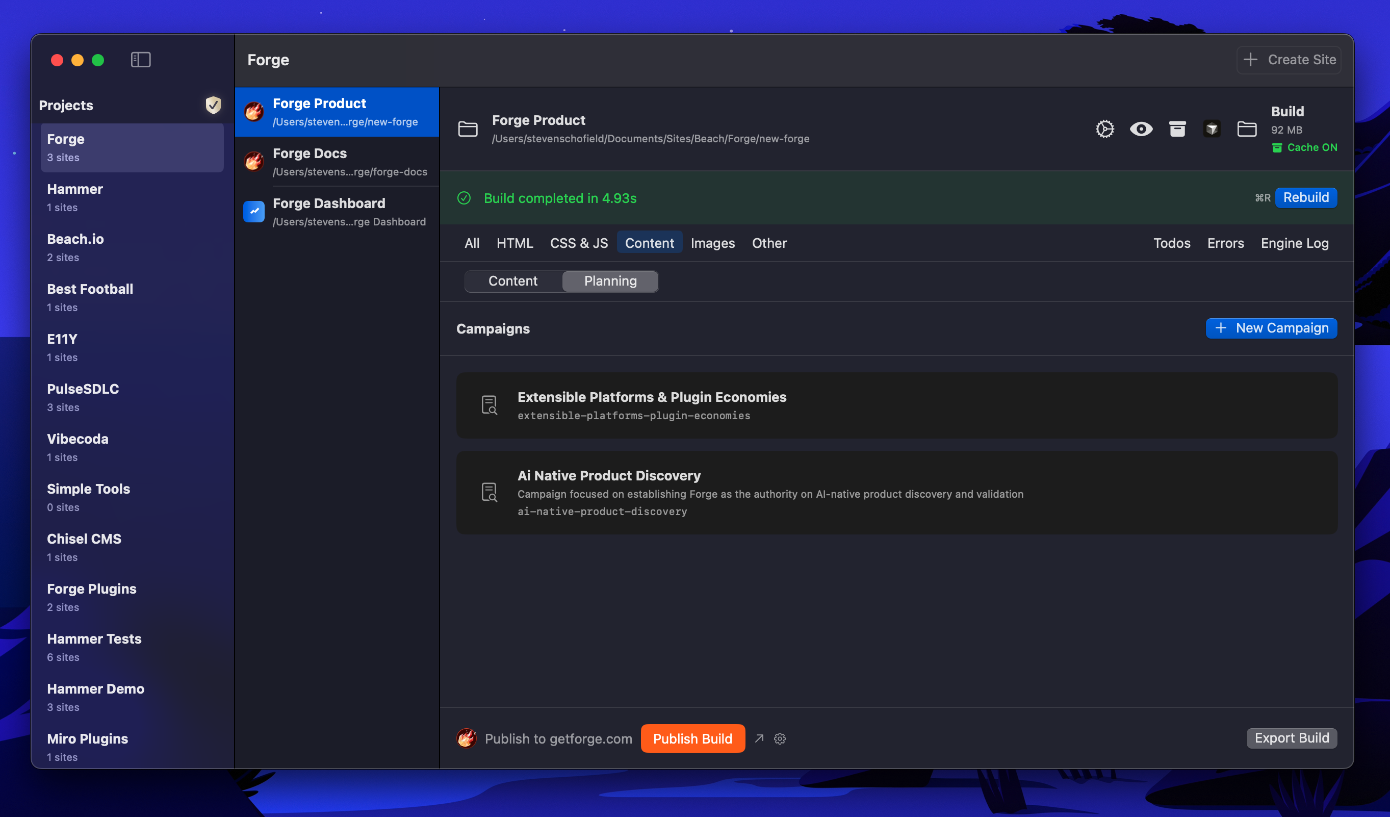 Content Planning System interface showing campaigns list
