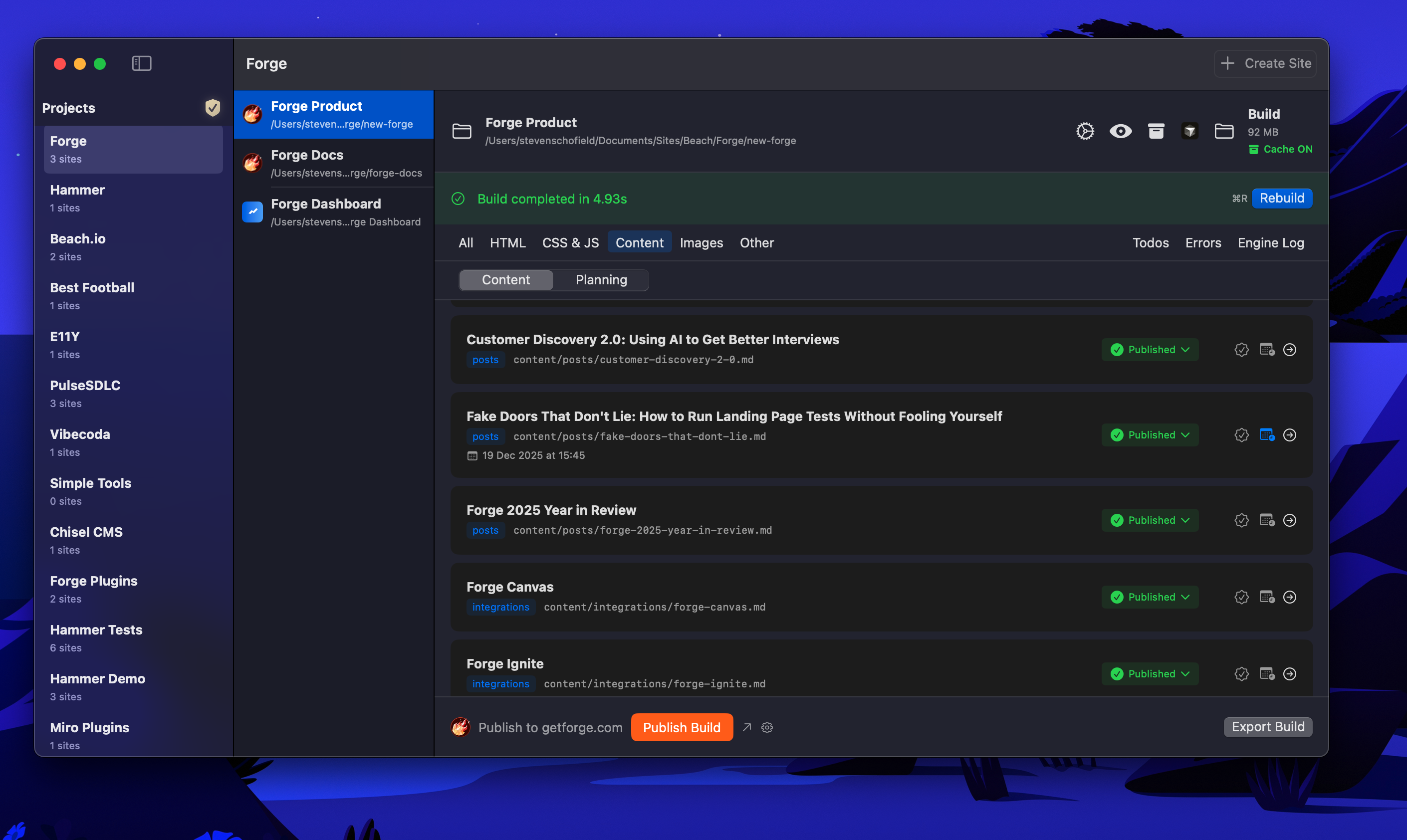 Content tab showing unified view with Content and Planning modes