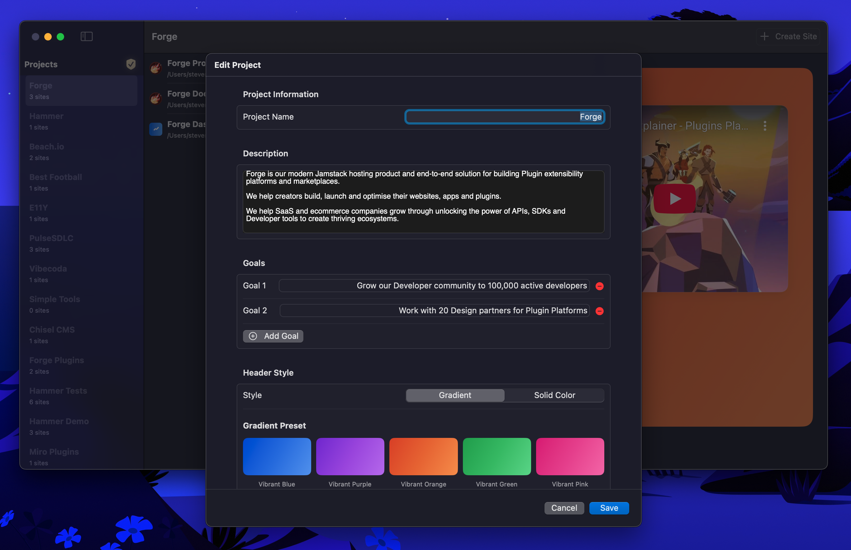 Project Edit View showing project information fields, goals, and header style options