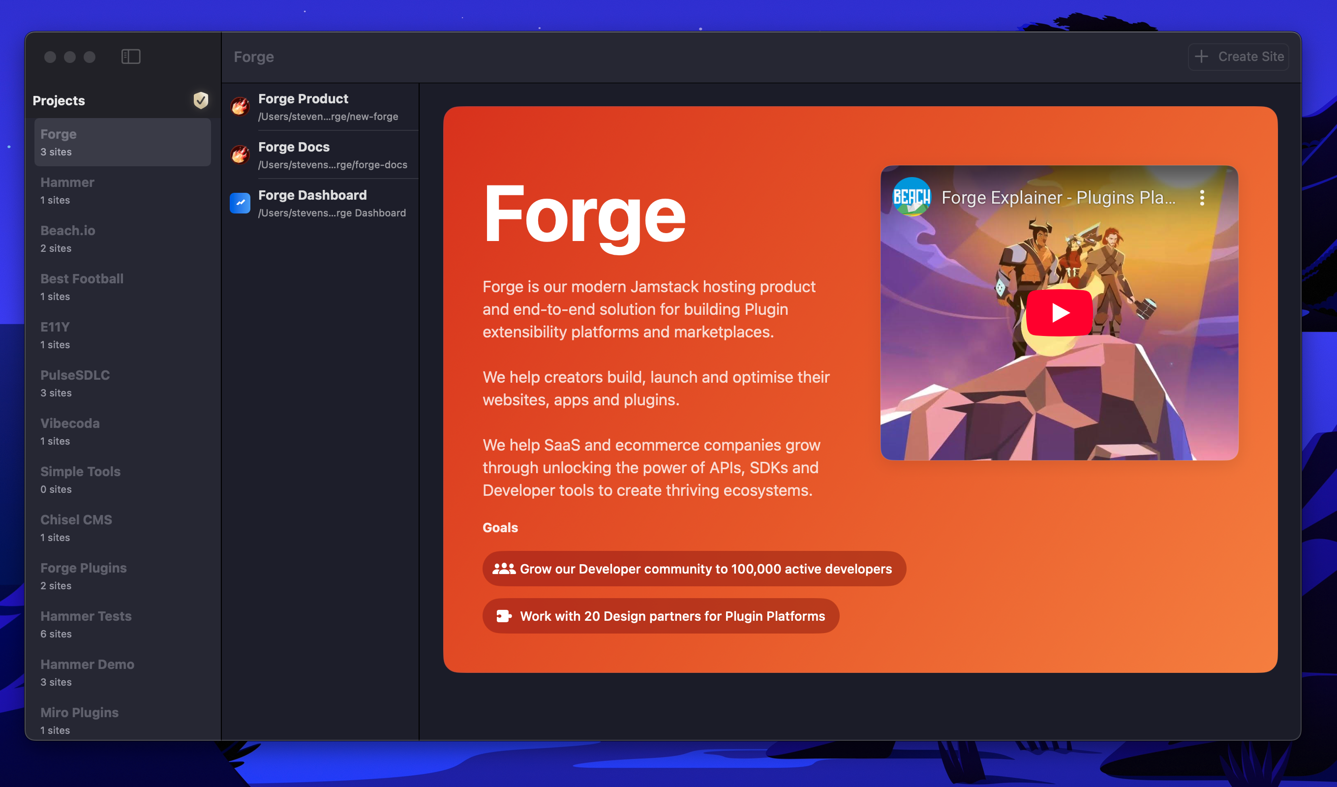 Project Overview Dashboard showing project information, goals, and embedded video