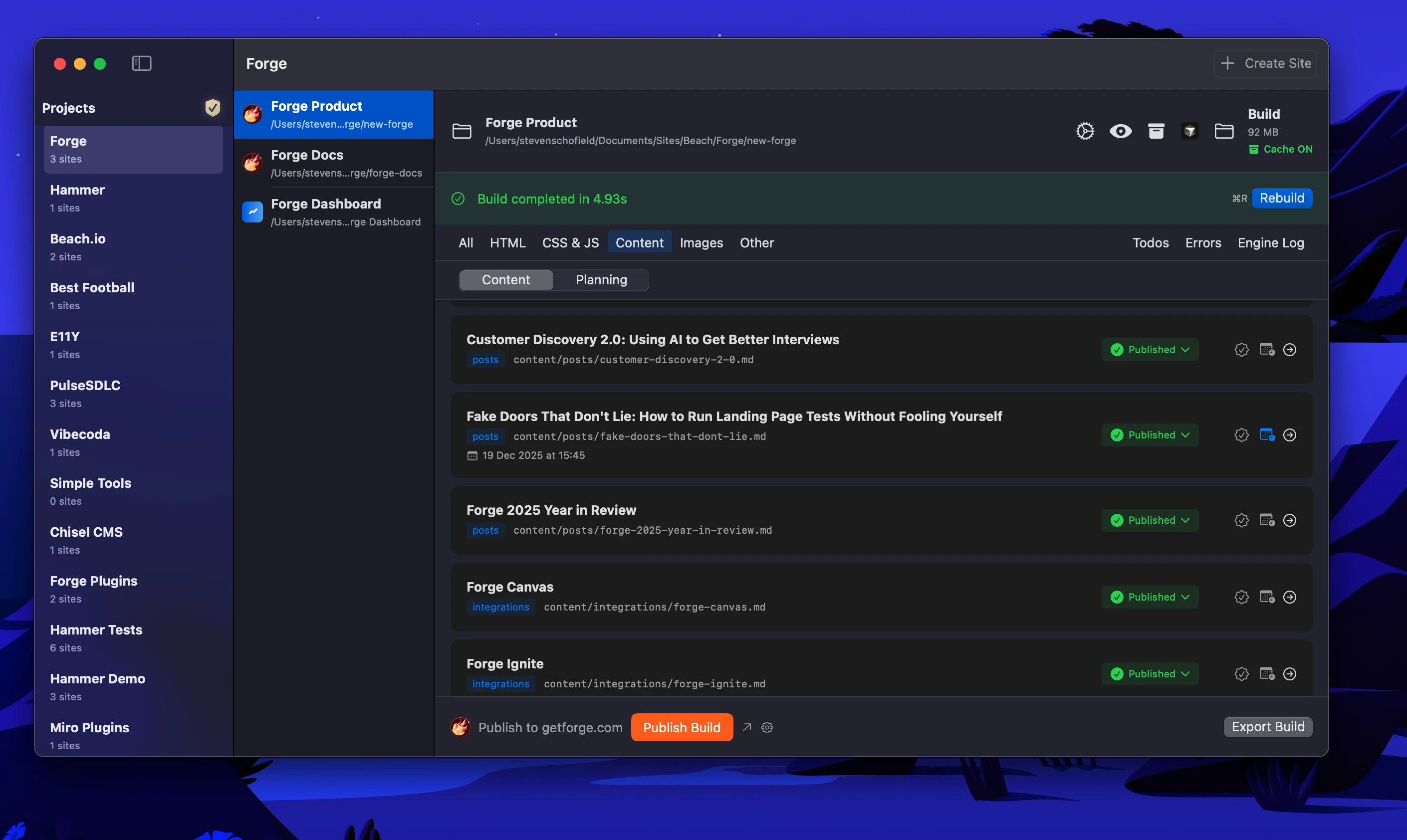 Content tab showing unified view with Content and Planning modes