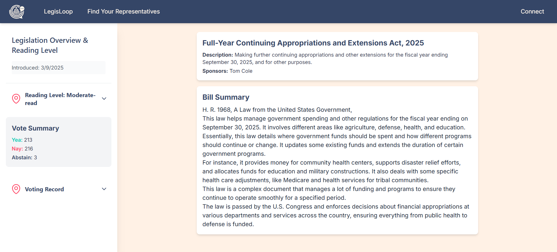 Original LegisLoop Legislation page with a summary