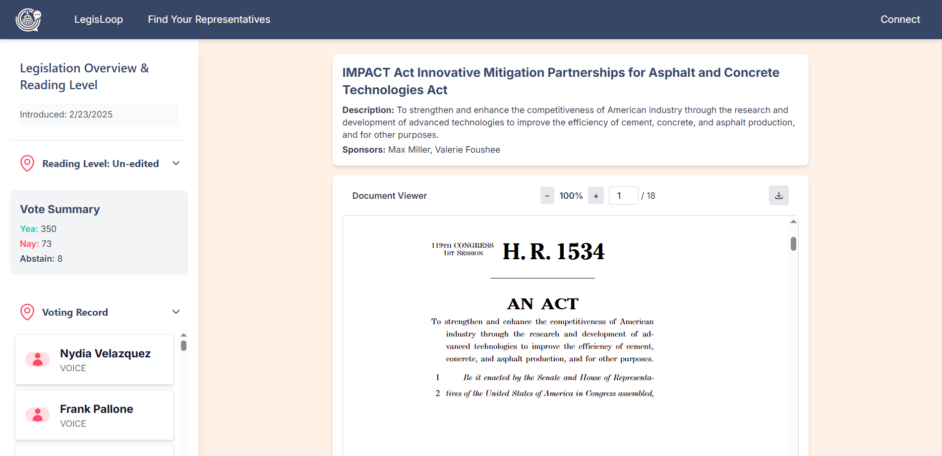 Example LegisLoop Legislation page