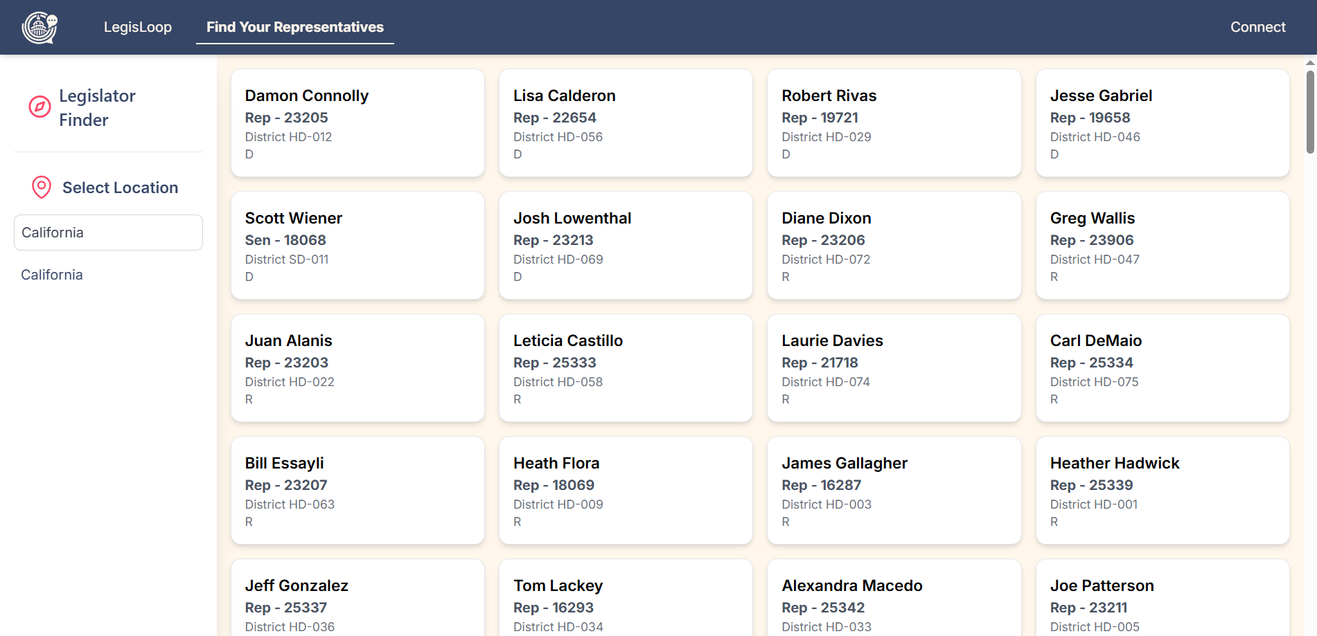 Original LegisLoop Find Your Representative page