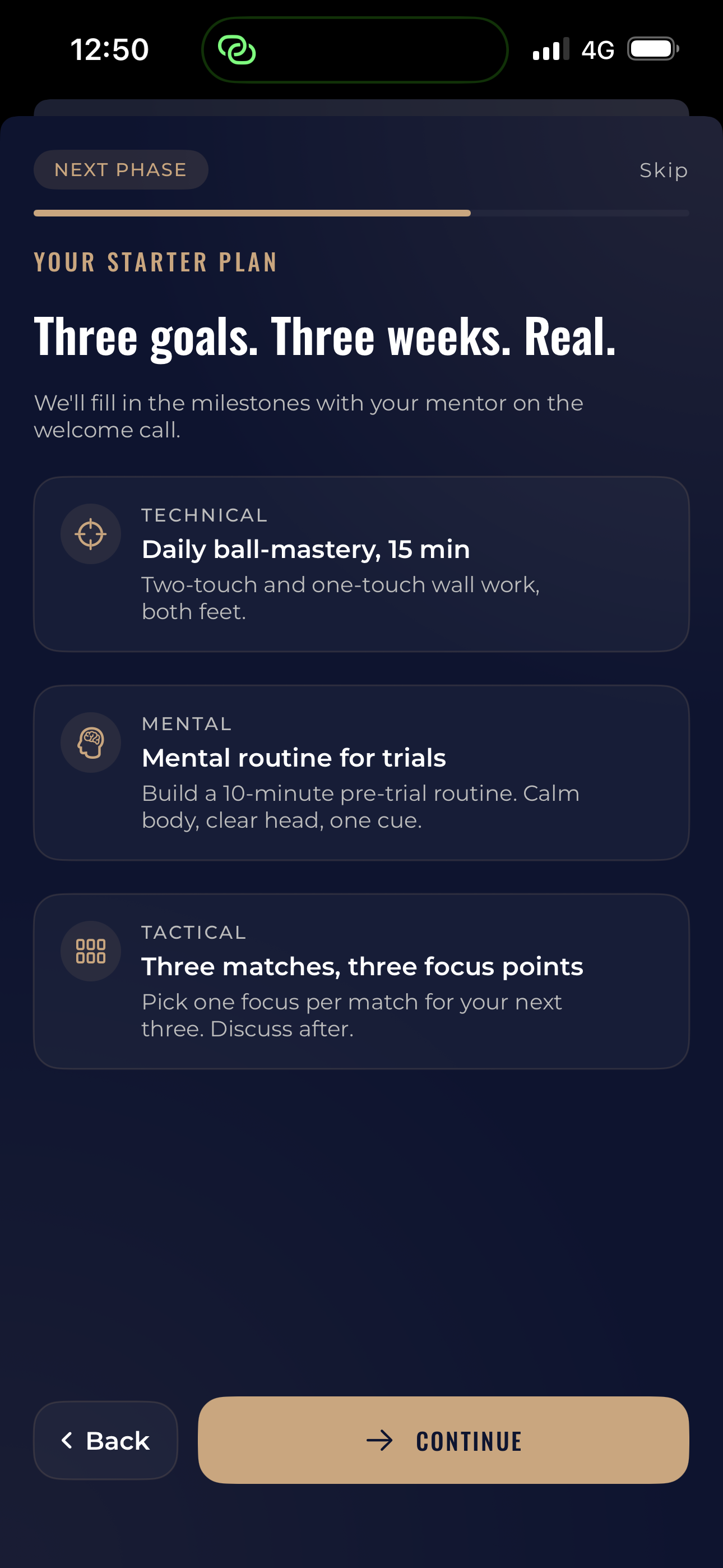 Starter development plan with technical, mental and tactical goals