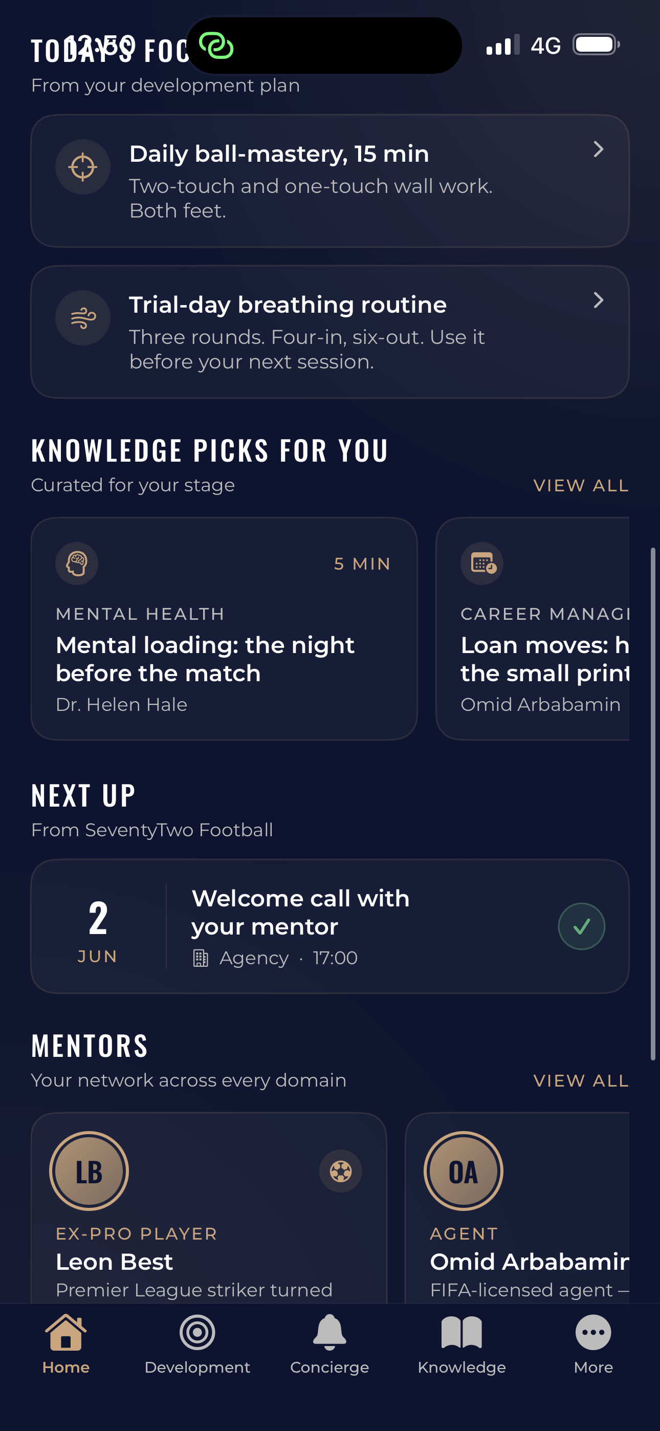 App home screen with today's focus, mentors and knowledge picks