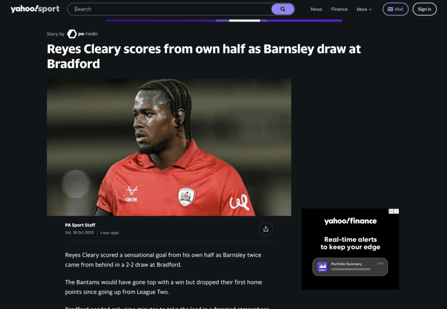 Press coverage: Reyes Cleary scores from own half as Barnsley draw at Bradford