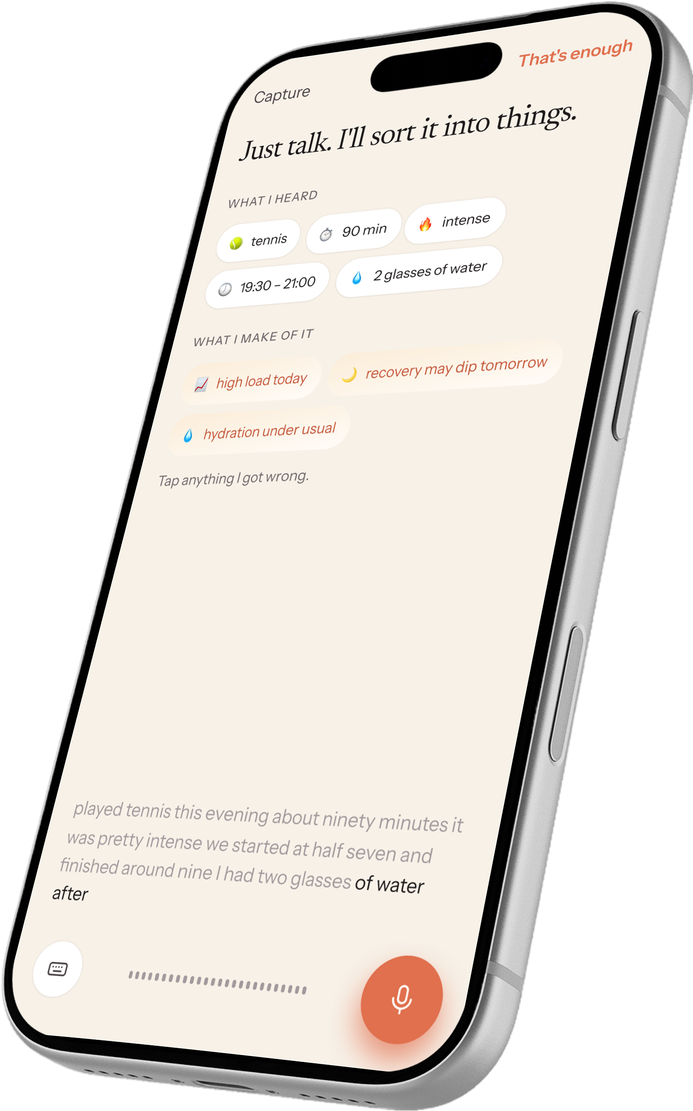 The Nuwe Capture screen, sorting a spoken note about a tennis match into structured details.