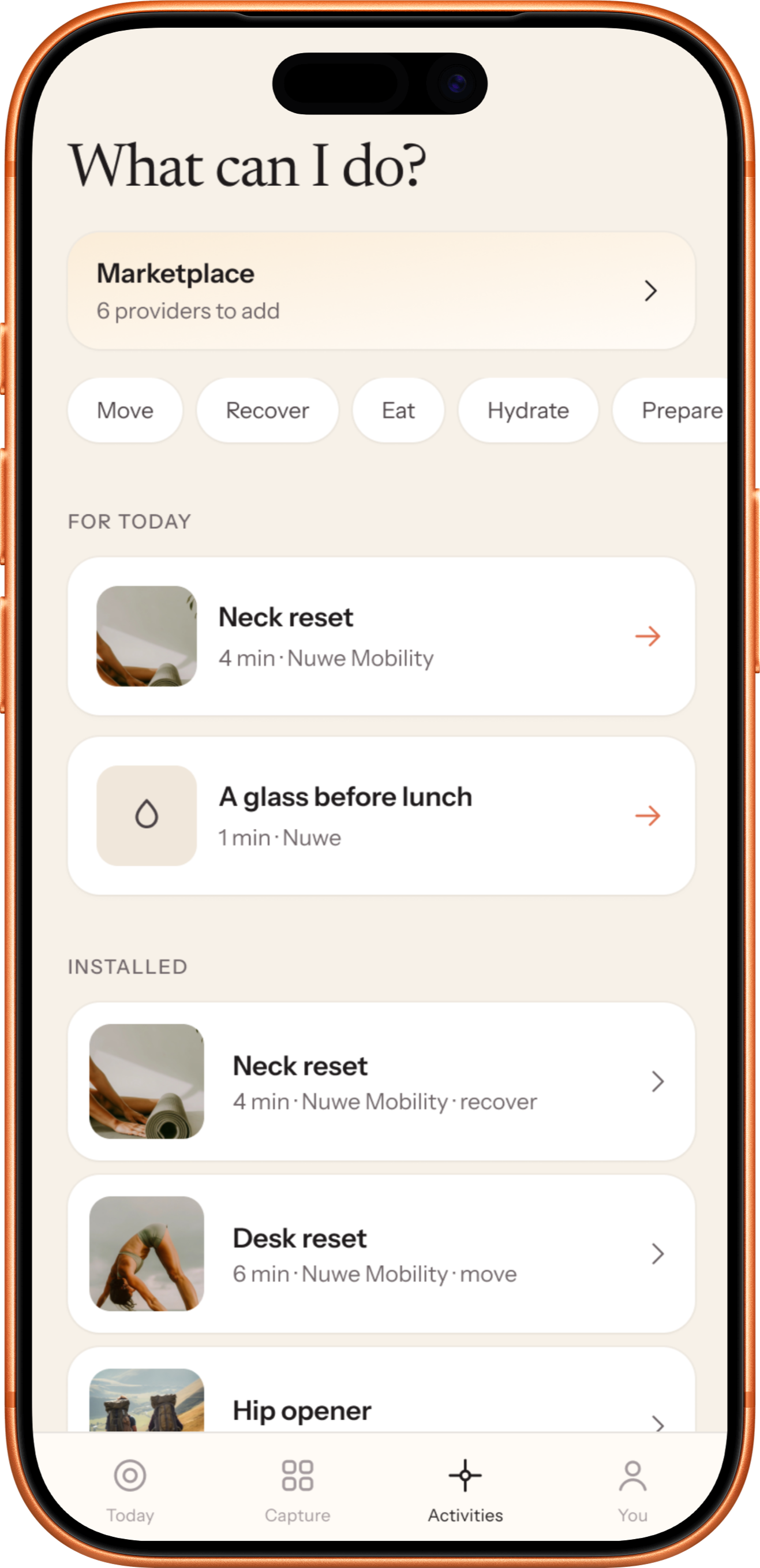 The Activities screen: a marketplace, filters, and today's suggestions.