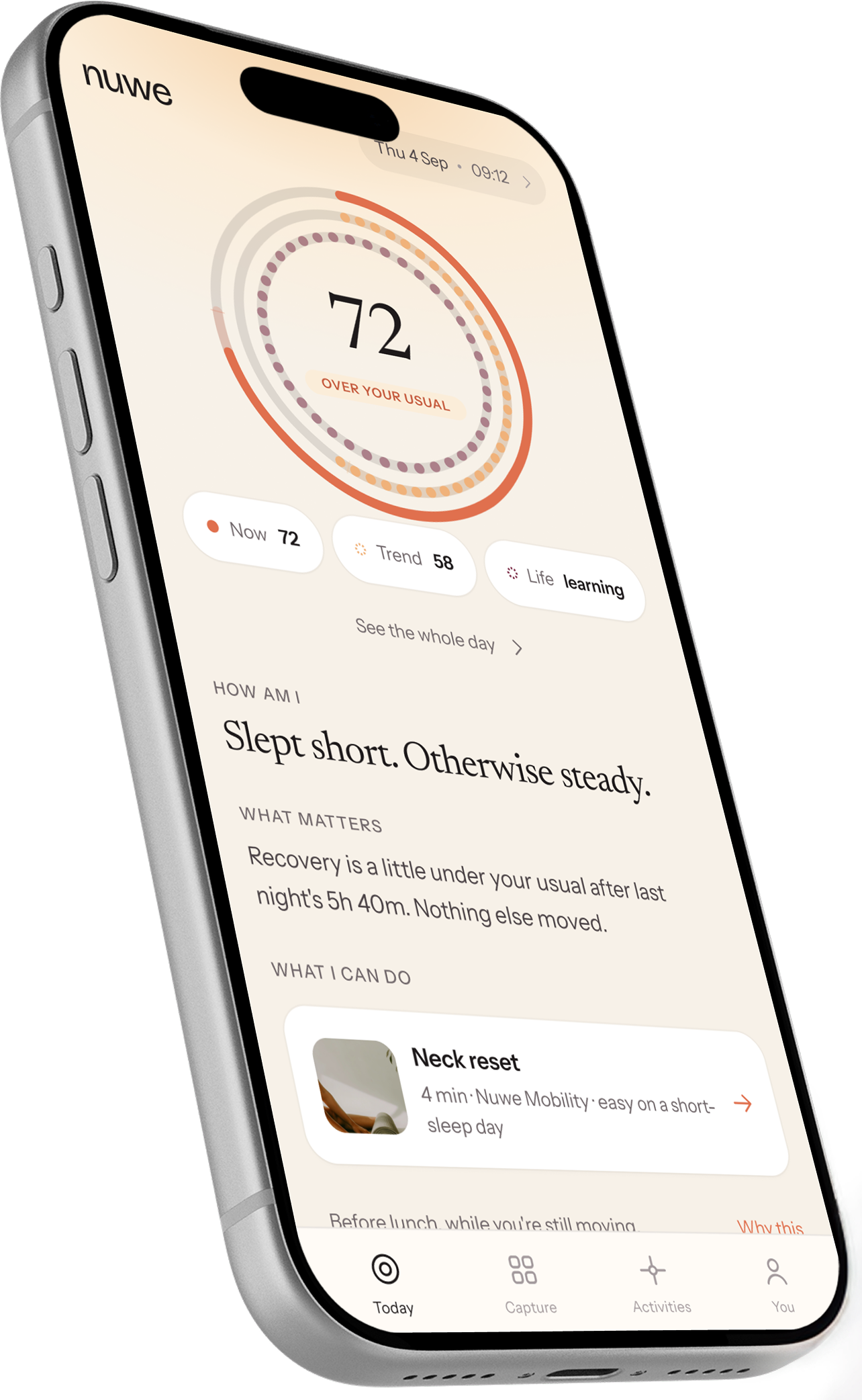 The Nuwe Today screen, showing a score of 72 with rings for now, trend and life.