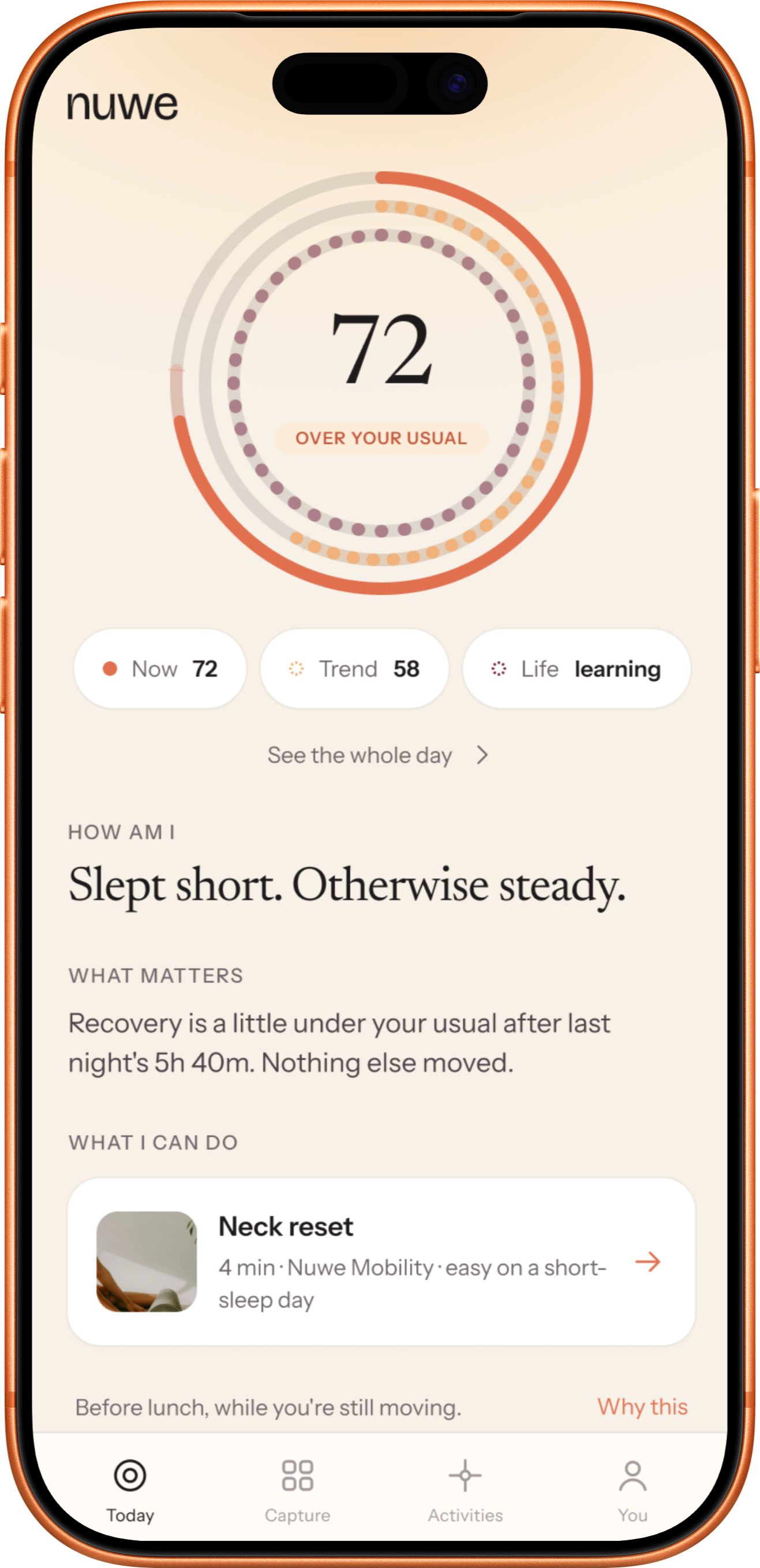 The Nuwe Today screen: a score of 72, three rings, and one suggested activity.