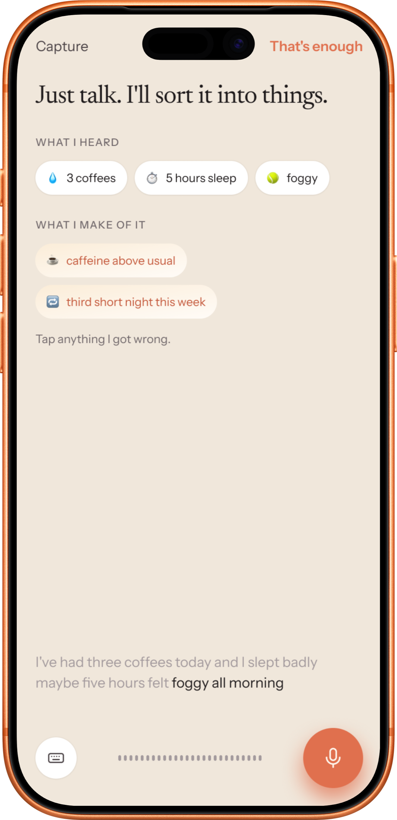 The Nuwe Capture screen sorting a spoken note into structured details.