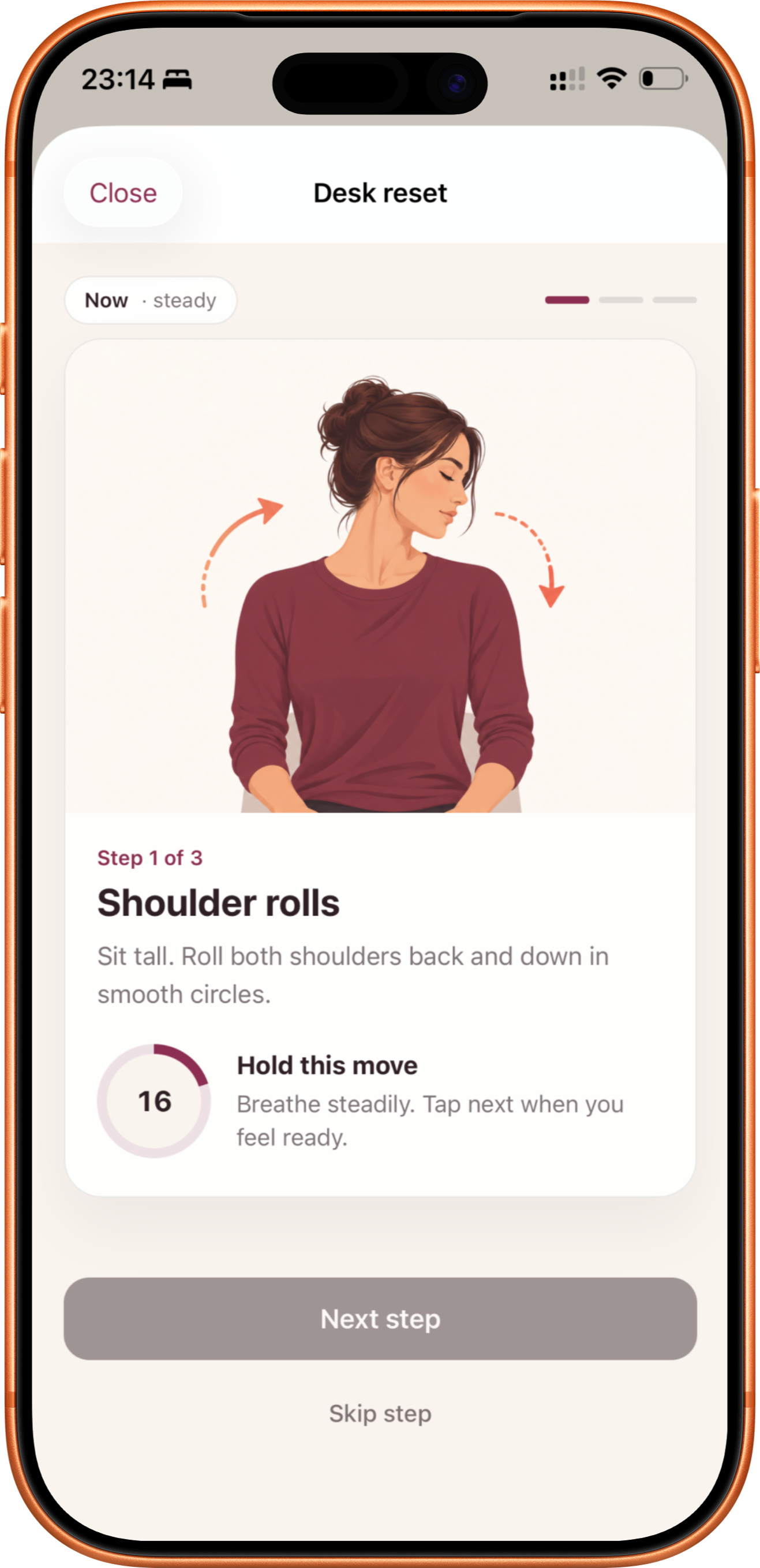 A Desk Reset activity mid-flow, showing the shoulder rolls step.